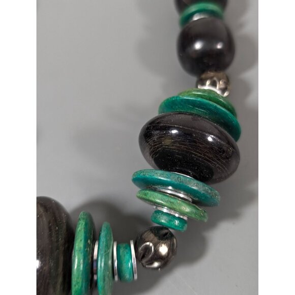 Vintage Green Black Beaded Chunky Tribal Statement Necklace 17" - Picture 4 of 8
